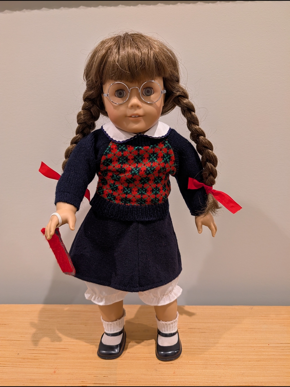 American Girl Doll, Molly McIntire, in Navy Outfit with Red & Green Sweater